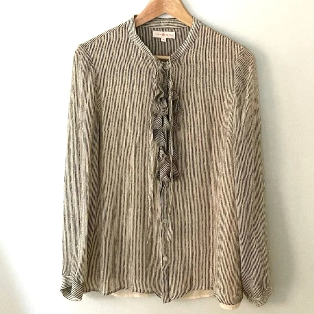 Tory Burch 100% Silk Ruffle Stitch Print Pinstripe Blouse - Picture 3 of 12